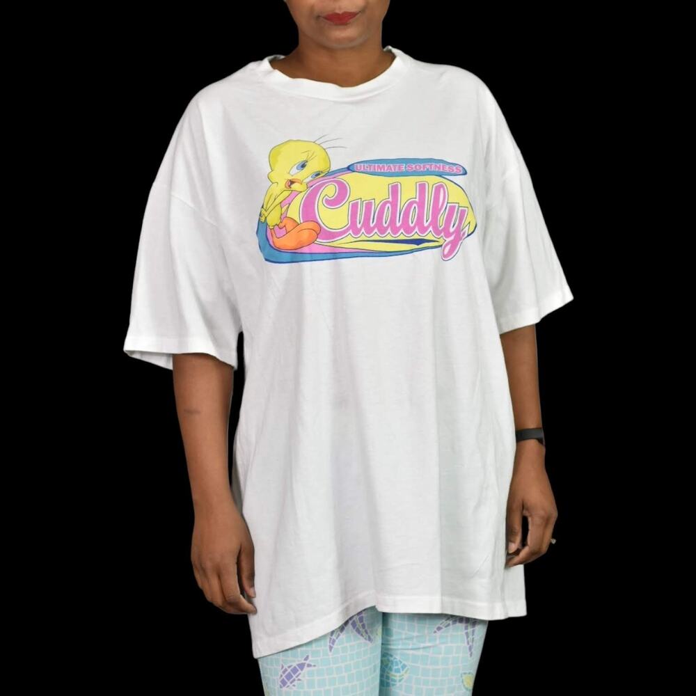 Vintage Tweety Bird Tee Warner Bros T Shirt Graphic White Cotton Crew Neck XXL